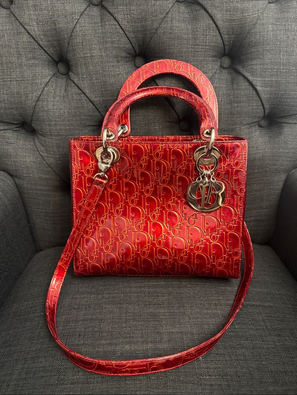 Christian Dior Red Patent Oblique Lady Dior.